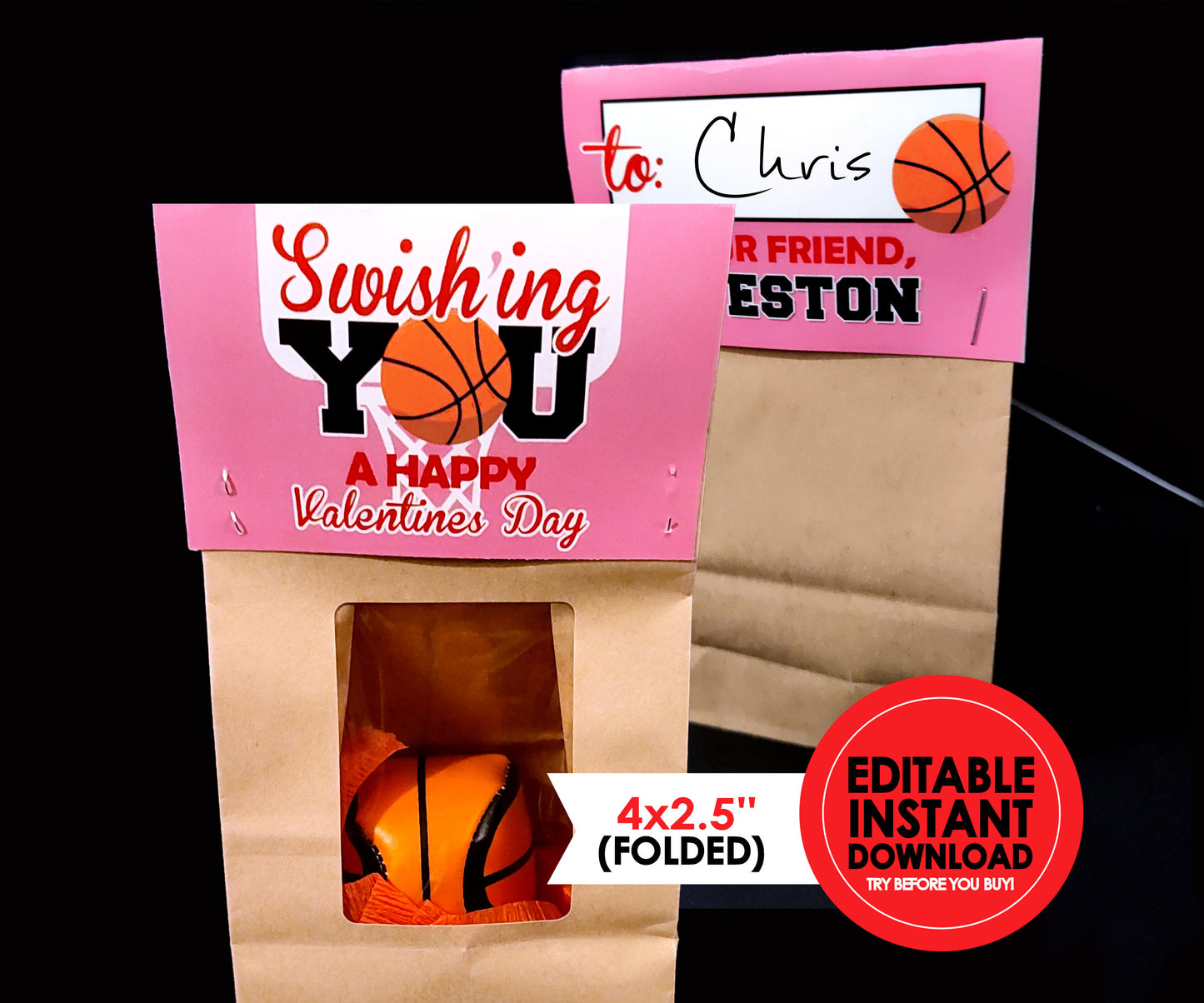 Basketball Folding Valentine Bag Toppers || EDITABLE INSTANT DOWNLOAD