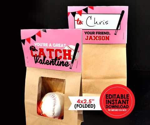 Baseball Folding Valentine Bag Toppers - EDITABLE INSTANT DOWNLOAD - Baseball Valentines, Great Catch, Valentine, Softball, Red, Pink