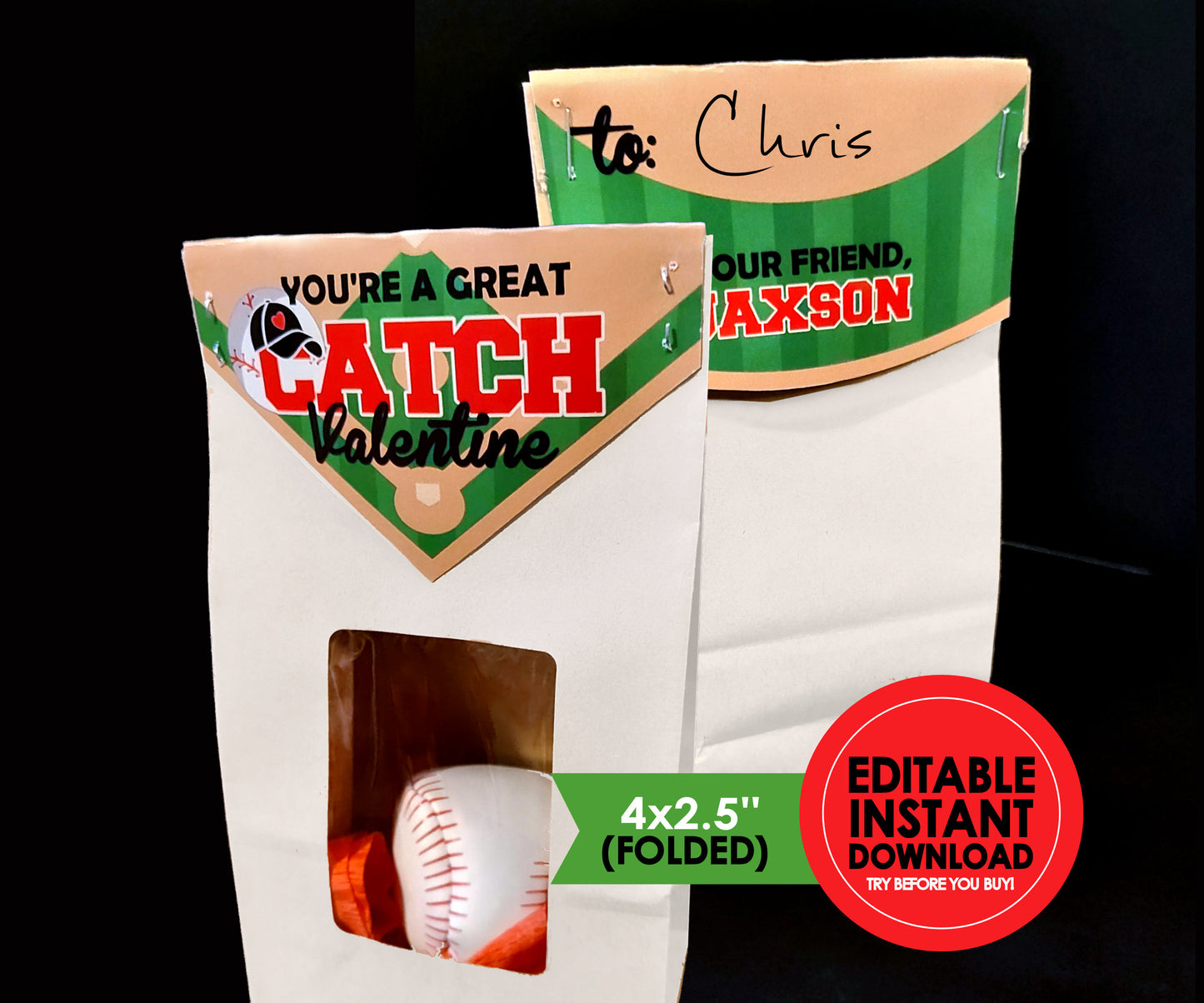 Baseball Field Folding Valentine Bag Toppers || EDITABLE INSTANT DOWNLOAD