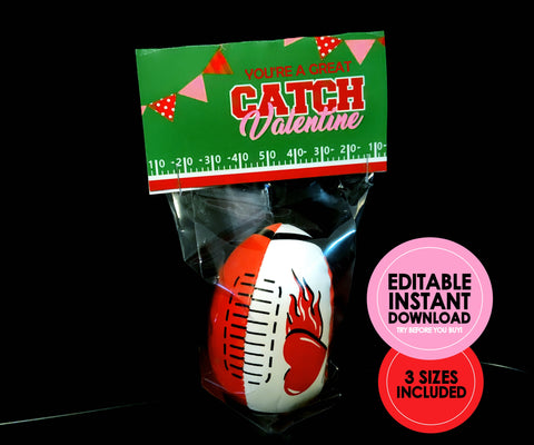 Folding Football Valentines Bag Toppers - EDITABLE INSTANT DOWNLOAD - Football Valentines For Boys, You're a Great Catch, Football Valentine