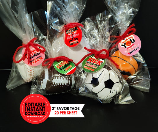 Printable Sports 2'' Circle Valentine Favor Tags || EDITABLE INSTANT DOWNLOAD
