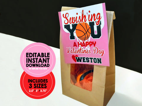 Printable Basketball Valentines - EDITABLE INSTANT DOWNLOAD - Basketball Valentines, Sports, Basketball, Personalized, Name, Pink, Red