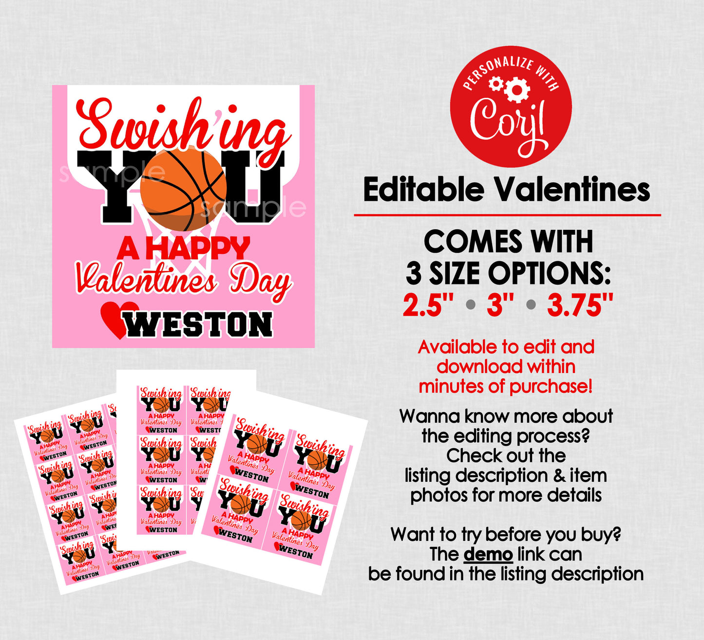 Printable Basketball Valentines || EDITABLE INSTANT DOWNLOAD