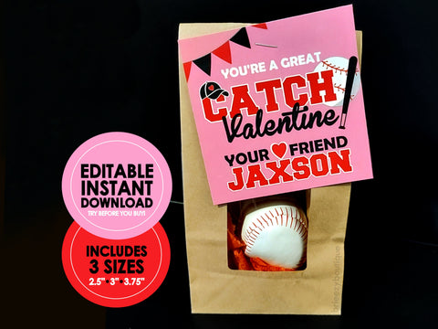 Printable Baseball Valentines - EDITABLE INSTANT DOWNLOAD - Baseball Valentines, Sports, Baseball, Personalized, Name, Pink, Red