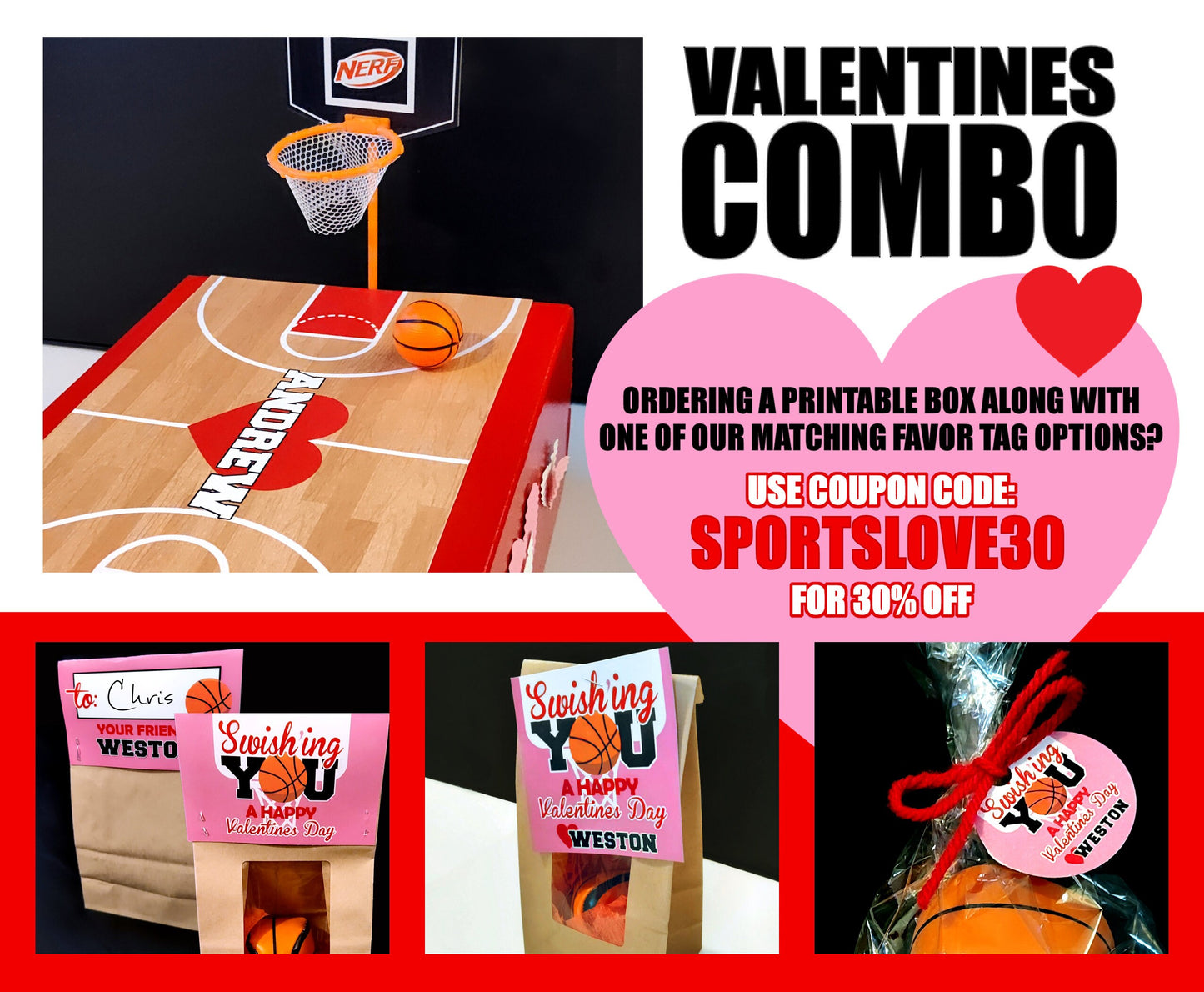 Basketball Folding Valentine Bag Toppers || EDITABLE INSTANT DOWNLOAD