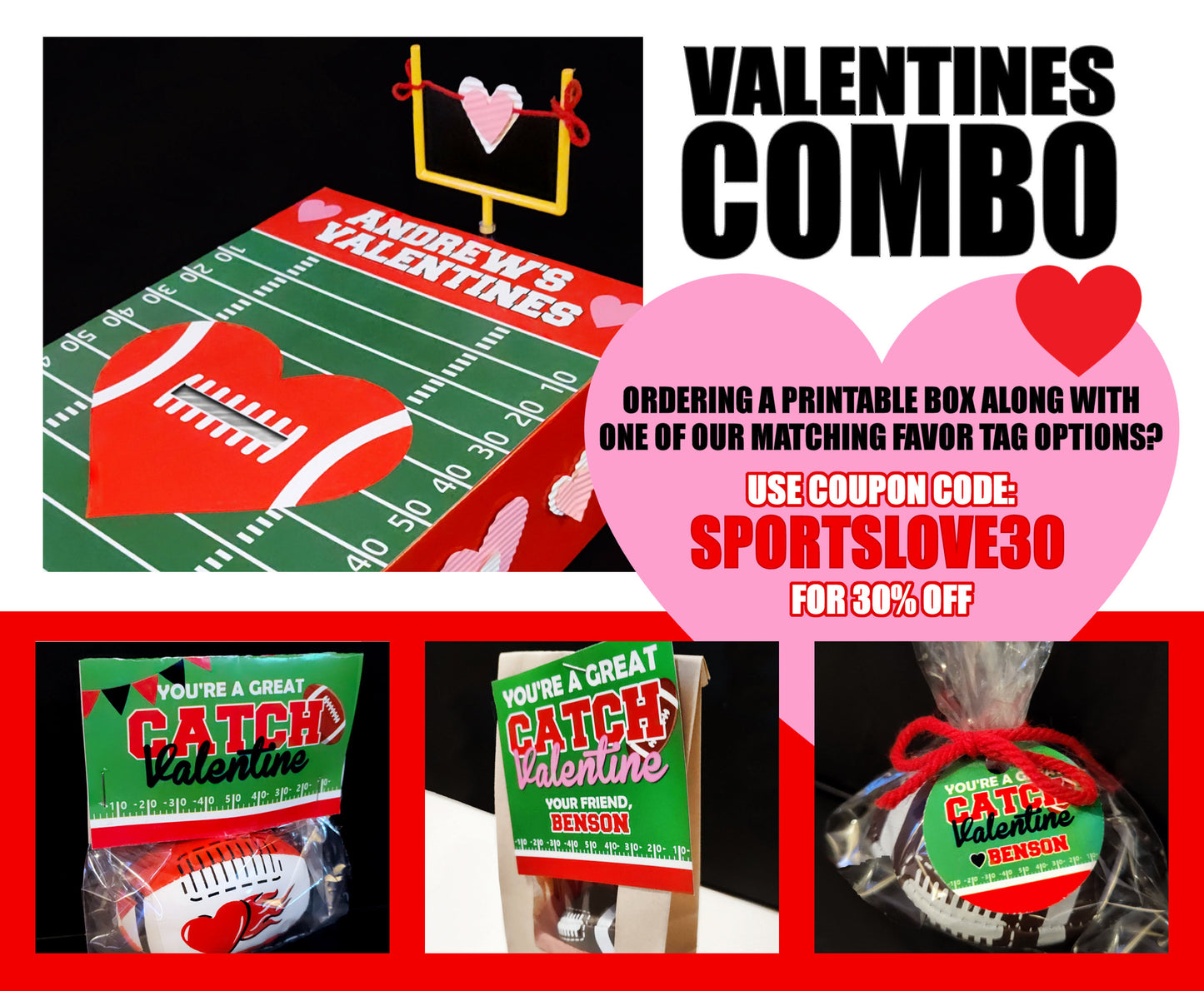 Football Valentines Folding Bag Toppers ||  EDITABLE INSTANT DOWNLOAD