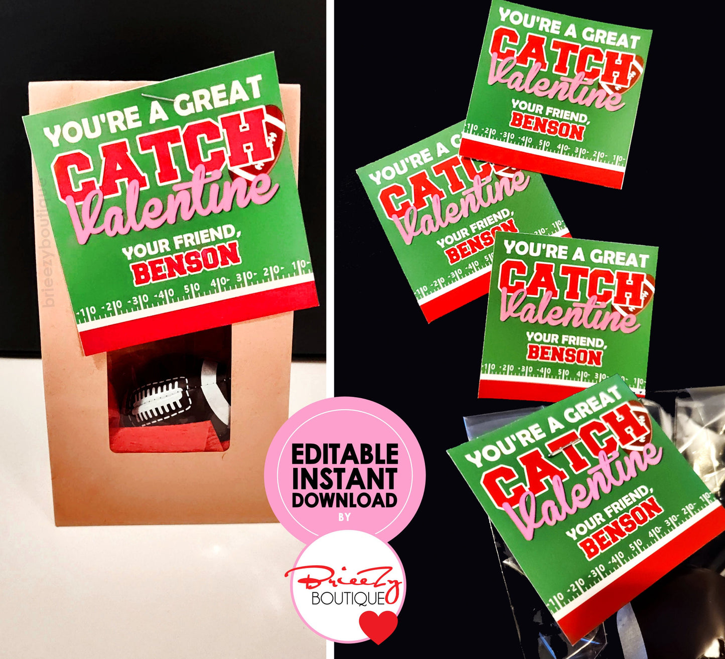 You're a Great Catch Printable Football Valentines || EDITABLE INSTANT DOWNLOAD