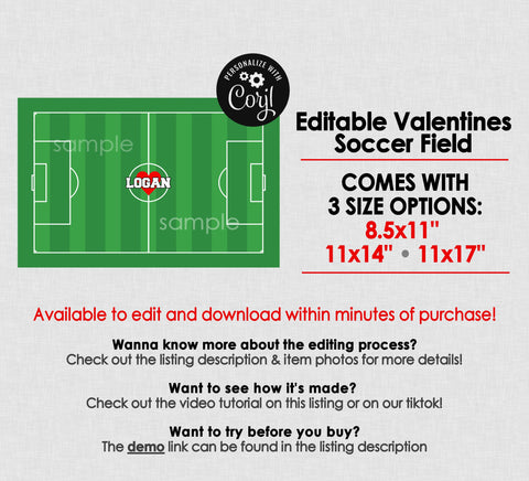 Printable Valentines Soccer Field For Box || EDITABLE DIGITAL DOWNLOAD || Soccer Valentine, Valentines Box, Soccer Field