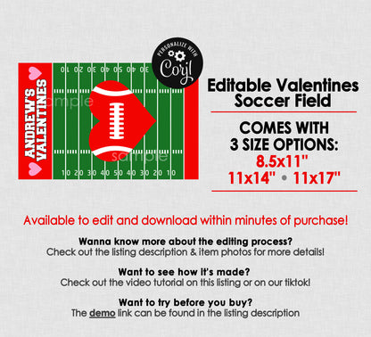Printable Valentines Football Field For Box || EDITABLE DIGITAL DOWNLOAD