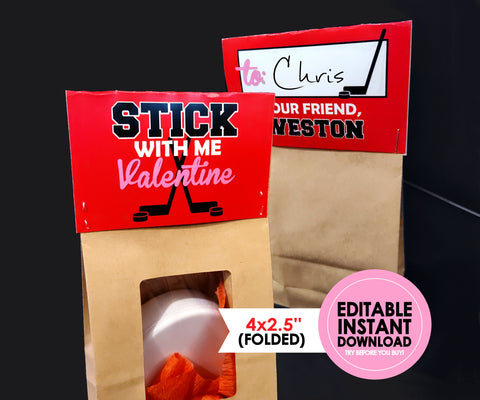 Hockey Folding Valentine Bag Toppers - EDITABLE INSTANT DOWNLOAD - Hockey Valentines, Stick With Me Valentine, Ice Hockey, Valentine