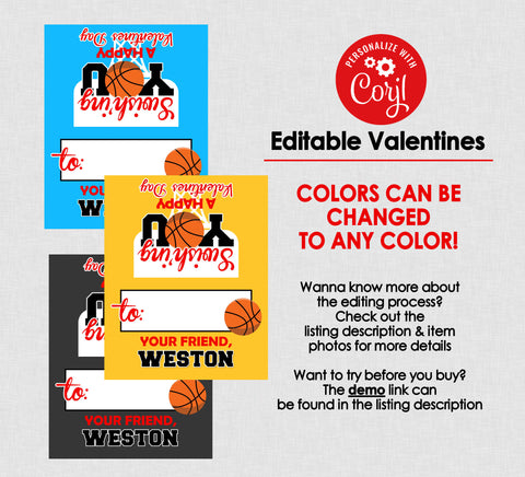 Basketball Folding Valentine Bag Toppers - EDITABLE INSTANT DOWNLOAD - Basketball Valentines, Swish, Valentine, Basketball, Red, Pink