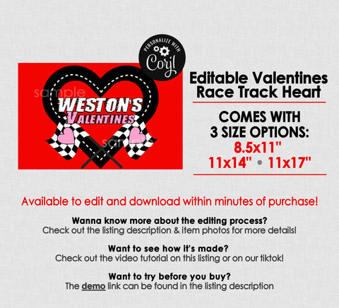 Race Car Heart Printable For Valentines Box || EDITABLE DIGITAL DOWNLOAD || Race Car Valentines, Valentines Box, Car Valentines, Race Cars