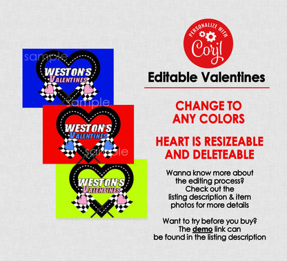 Race Car Heart Printable For Valentines Box || EDITABLE DIGITAL DOWNLOAD