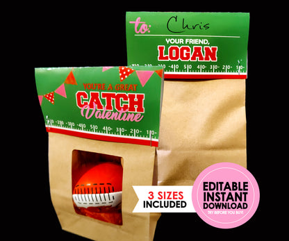 Football Valentines Folding Bag Toppers ||  EDITABLE INSTANT DOWNLOAD