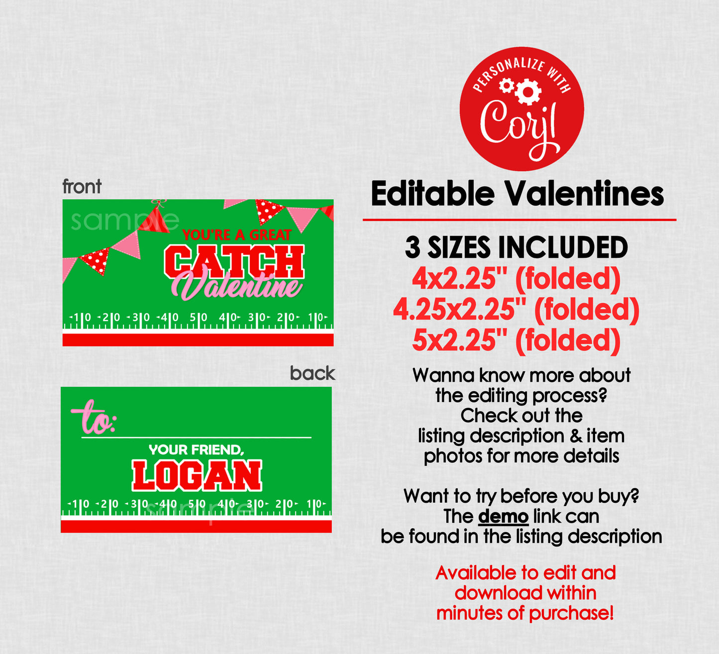 Football Valentines Folding Bag Toppers ||  EDITABLE INSTANT DOWNLOAD