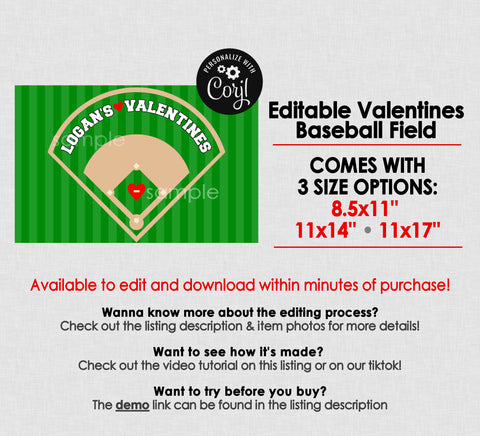 Printable Valentines Baseball Field For Box || EDITABLE DIGITAL DOWNLOAD || Baseball Valentine, Valentines Box,  Baseball Valentines, Field