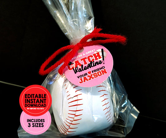 Printable Baseball Circle Valentine Favor Tags || EDITABLE INSTANT DOWNLOAD