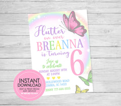 Pastel Rainbow Butterfly Birthday Invitations - EDITABLE INSTANT DOWNLOAD - Butterfly Birthday Invites, Butterfly Party Invite, Rainbow