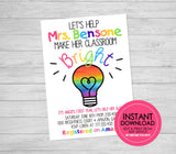 Rainbow Stock the Classroom Invitation - EDITABLE INSTANT DOWNLOAD - First Year, Teacher's First Year, School Supplies Party, Help a Teacher