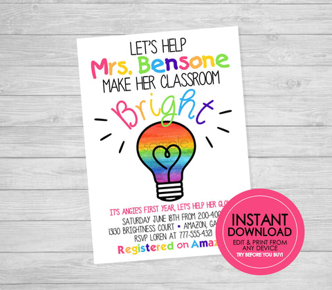 Rainbow Stock the Classroom Invitation - EDITABLE INSTANT DOWNLOAD - First Year, Teacher's First Year, School Supplies Party, Help a Teacher