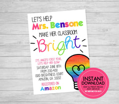 Rainbow Stock the Classroom Invitation - EDITABLE INSTANT DOWNLOAD - Teacher's First Year, School Supplies Party, Rainbow Lightbulb