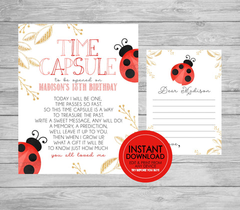 Watercolor Ladybug First Birthday Time Capsule - EDITABLE INSTANT DOWNLOAD - Ladybug Time Capsule, Ladybug Birthday, 1st Birthday, Sign Card