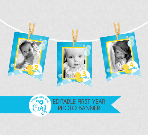 Rubber Duck 1st Birthday Monthly Photo Banner - EDITABLE INSTANT DOWNLOAD - Milestone Banner, First Year Photo Banner, Ducky, Picture Banner