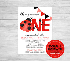 Watercolor Ladybug Fun to be One Party Invitation  - EDITABLE INSTANT DOWNLOAD - Ladybug 1st Birthday Invite, Red, Black, First Birthday