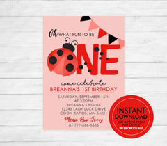 Watercolor Ladybug Fun to be One Party Invitation - EDITABLE INSTANT DOWNLOAD - Ladybug 1st Birthday Invite, Light Pink Salmon, Red, Black