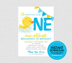 Rubber Duck Fun to be One Birthday Invitation - EDITABLE INSTANT DOWNLOAD - Duck Birthday Invite, Ducky Birthday Invitations, 1st Birthday