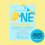 Baby Blue Rubber Duck Fun to be One Birthday Invitation || EDITABLE INSTANT DOWNLOAD