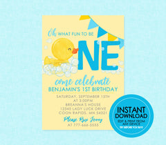 Yellow Rubber Duck Fun to be One Birthday Invitation - EDITABLE INSTANT DOWNLOAD - Duck Birthday Invite, Ducky, Invitations, 1st Birthday