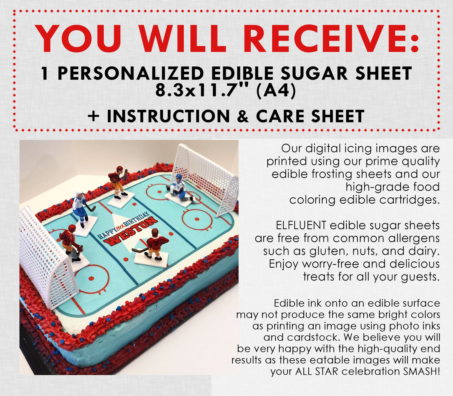 Edible Hockey Rink Personalized Cake Topper Sugar Sheet | for a Hockey Birthday or Team Party