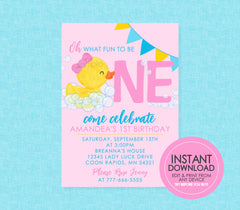 Pink Rubber Duck Fun to be One Birthday Invitation - EDITABLE INSTANT DOWNLOAD - Duck Birthday Invite, Ducky Birthday Invite, 1st Birthday