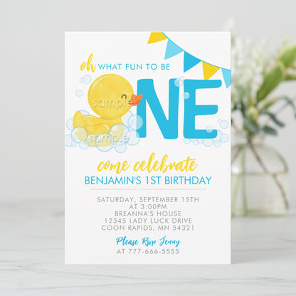 Rubber Duck Fun to be One Birthday Invitation | EDITABLE DIGITAL DOWNLOAD