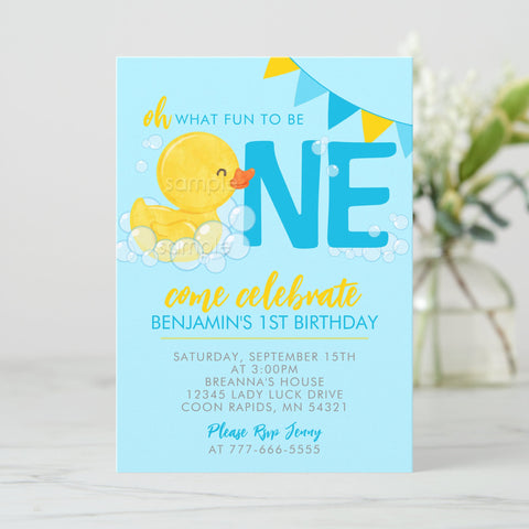 Baby Blue Rubber Duck Fun to be One Birthday Invitation || EDITABLE INSTANT DOWNLOAD