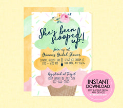 Watercolor Ice Cream Bridal Shower Invitation  - EDITABLE INSTANT DOWNLOAD - Ice Cream Shower Invite, Scooped Up, Pink Sherbet Lime Orange