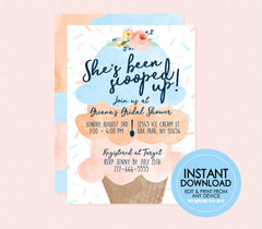 Watercolor Ice Cream Bridal Shower Invitation  - EDITABLE INSTANT DOWNLOAD - Ice Cream Shower Invite, Scooped Up, Blue, Peach, Blue Pink