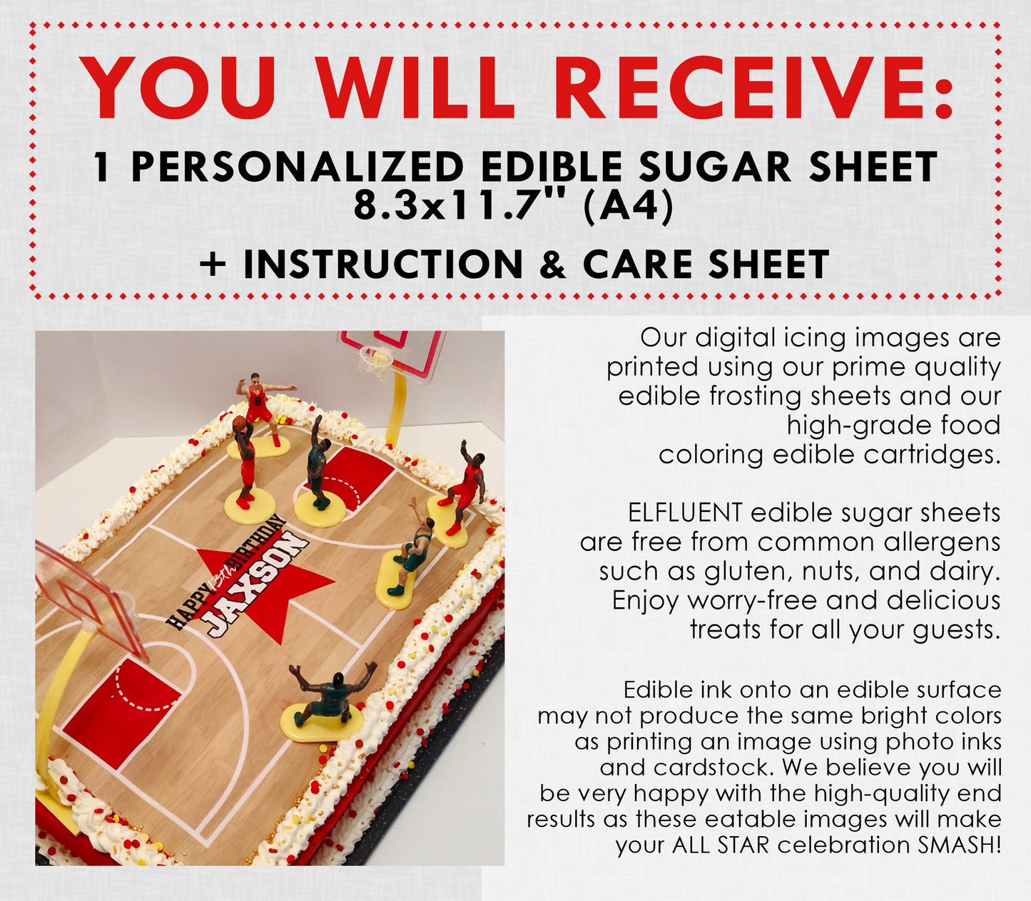 Edible Basketball Court Personalized Cake Topper Sugar Sheet | for a Basketball Birthday or Team Party
