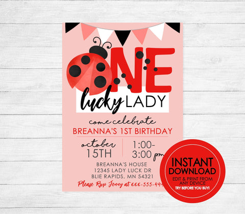 One Lucky Lady Pink Ladybug Party Invitation - EDITABLE INSTANT DOWNLOAD - Ladybug 1st Birthday Invite, Light Pink Salmon, Red, Black, White