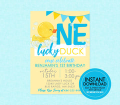 Yellow One Lucky Duck Watercolor Rubber Ducky Birthday Invitation - EDITABLE INSTANT DOWNLOAD - Ducky Birthday, Duck 1st Birthday Invites