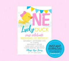 One Lucky Duck Watercolor Rubber Ducky Birthday Invitation - EDITABLE INSTANT DOWNLOAD - Girl Duck Birthday, Duck 1st Birthday Invites, Pink