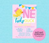 Pink One Lucky Duck Watercolor Rubber Ducky Birthday Invitation - EDITABLE INSTANT DOWNLOAD - Girl Duck Birthday, Duck 1st Birthday Invites