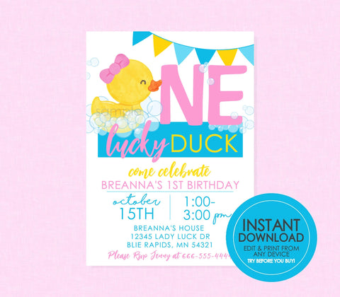 One Lucky Duck Watercolor Rubber Duck Birthday Invitation - EDITABLE INSTANT DOWNLOAD - Girl Duck Birthday, Ducky 1st Birthday Invites, Pink