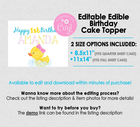 Editable Edible Girl Rubber Duck Happy Birthday Personalized Cake Topper - EDITABLE INSTANT DOWNLOAD - Girl Rubber Ducky Birthday, Pink Duck