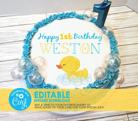 Editable Edible Rubber Duck Happy Birthday Personalized Round Cake Topper - EDITABLE INSTANT DOWNLOAD - Boy Rubber Ducky Birthday, Duck Cake