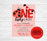 One Lucky Lady Watercolor Ladybug Party Invitation - EDITABLE INSTANT DOWNLOAD - Ladybug 1st Birthday Invite, Light Pink Salmon, Red, Black