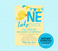 Yellow One Lucky Duck Watercolor Rubber Ducky Birthday Invitation - EDITABLE INSTANT DOWNLOAD - Duck Birthday, Duck 1st Birthday Invitations