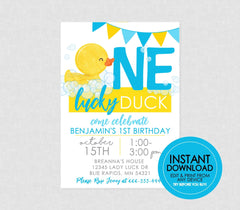 One Lucky Duck Watercolor Rubber Ducky Birthday Invitation - EDITABLE INSTANT DOWNLOAD - Duck Party Invites, Duck 1st Birthday Invitations