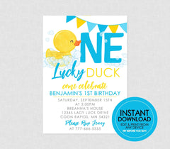 One Lucky Duck Watercolor Rubber Ducky Birthday Invitation - EDITABLE INSTANT DOWNLOAD - Duck Birthday Invite, Duck 1st Birthday Invitations